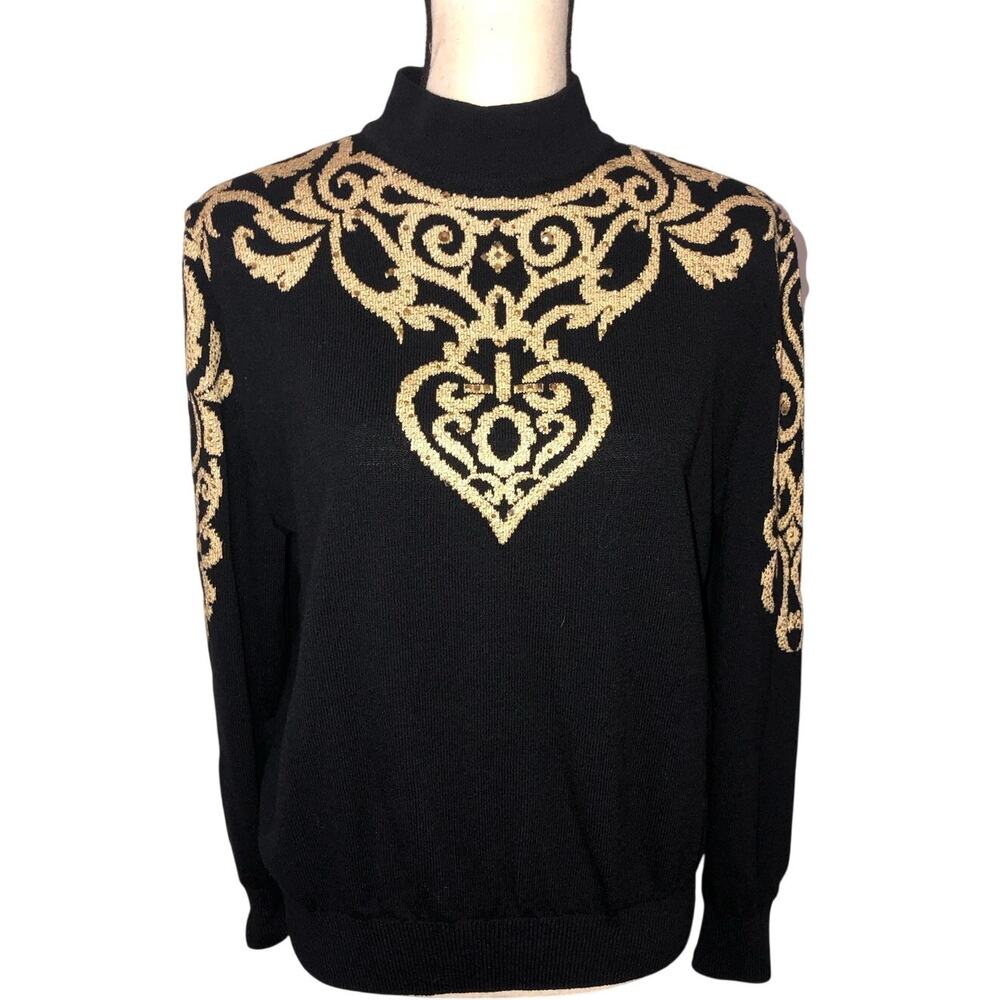 St John Collection Black Gold Baroque Studded Sweater Size L Vintage 80s 90s